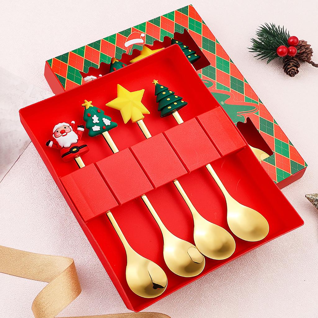 4pcs Christmas Party Dinnerware Set with Gift Box Christmas Tree Dessert Fork Spoon Cutlery Set Gold Stainless Steel Tableware