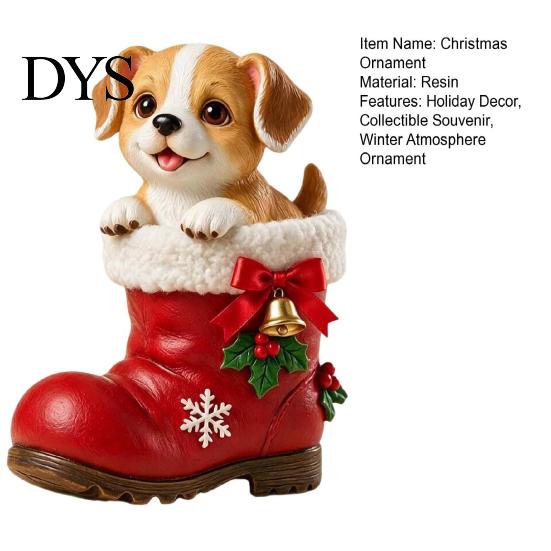 Winter Atmosphere Ornaments Christmas Puppy in Santa Boot Resin Figurine, Cute Dog Holiday Tabletop Decor with Home Decorations Bow Bell Holly,