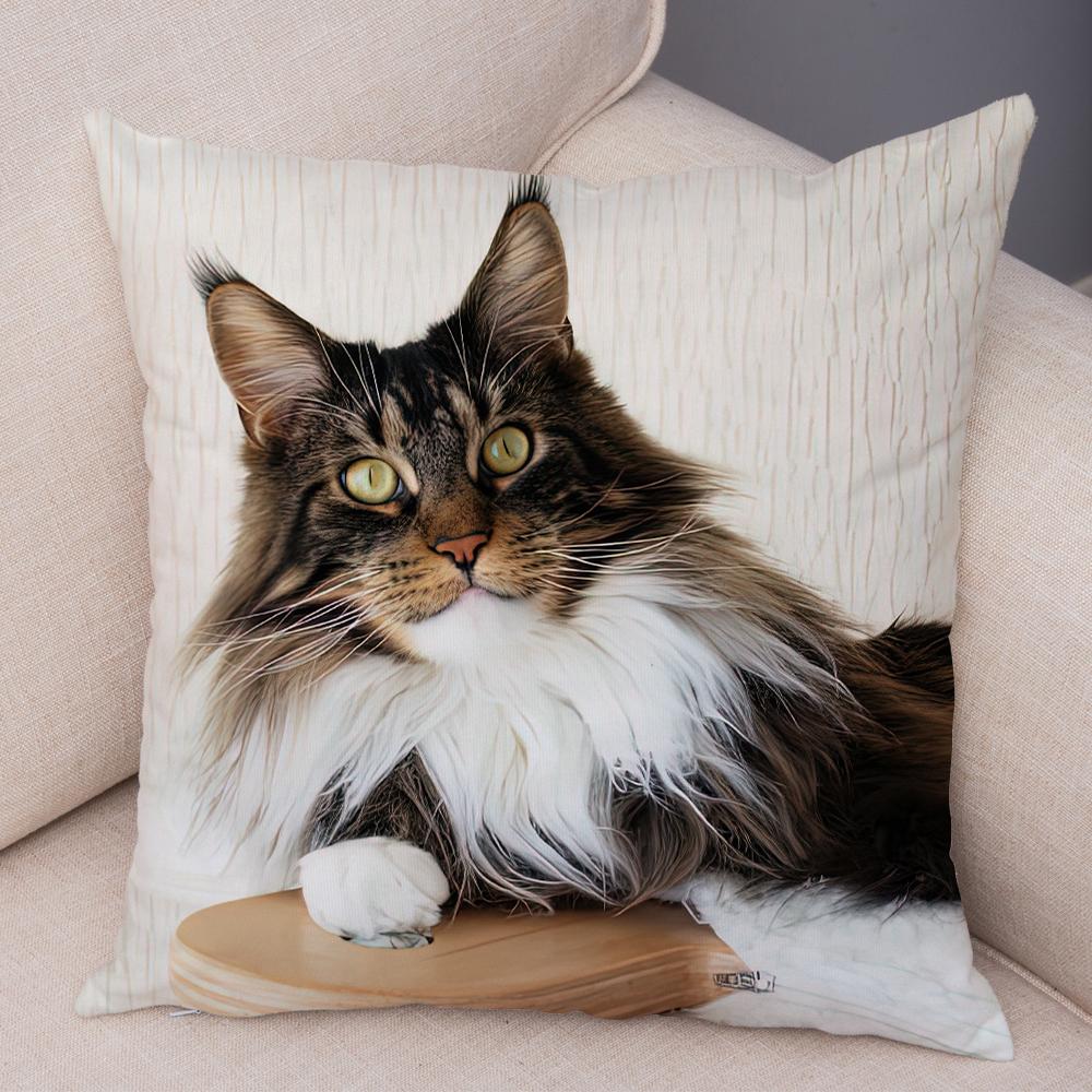 Long Haired Cat Face Cushion Cover Detailed Feline Art Double Sided Living Room Bedroom Decor Pillow Case