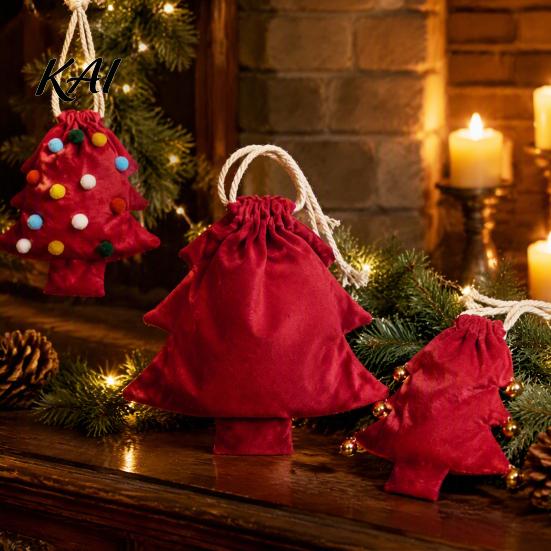 Reusable Fabric Gift Wraps Christmas Tree Shaped Bag, Drawstring Treat Goody Bags with Pompoms Durable Polyester Sacks Bells, Winter Present Wrapping