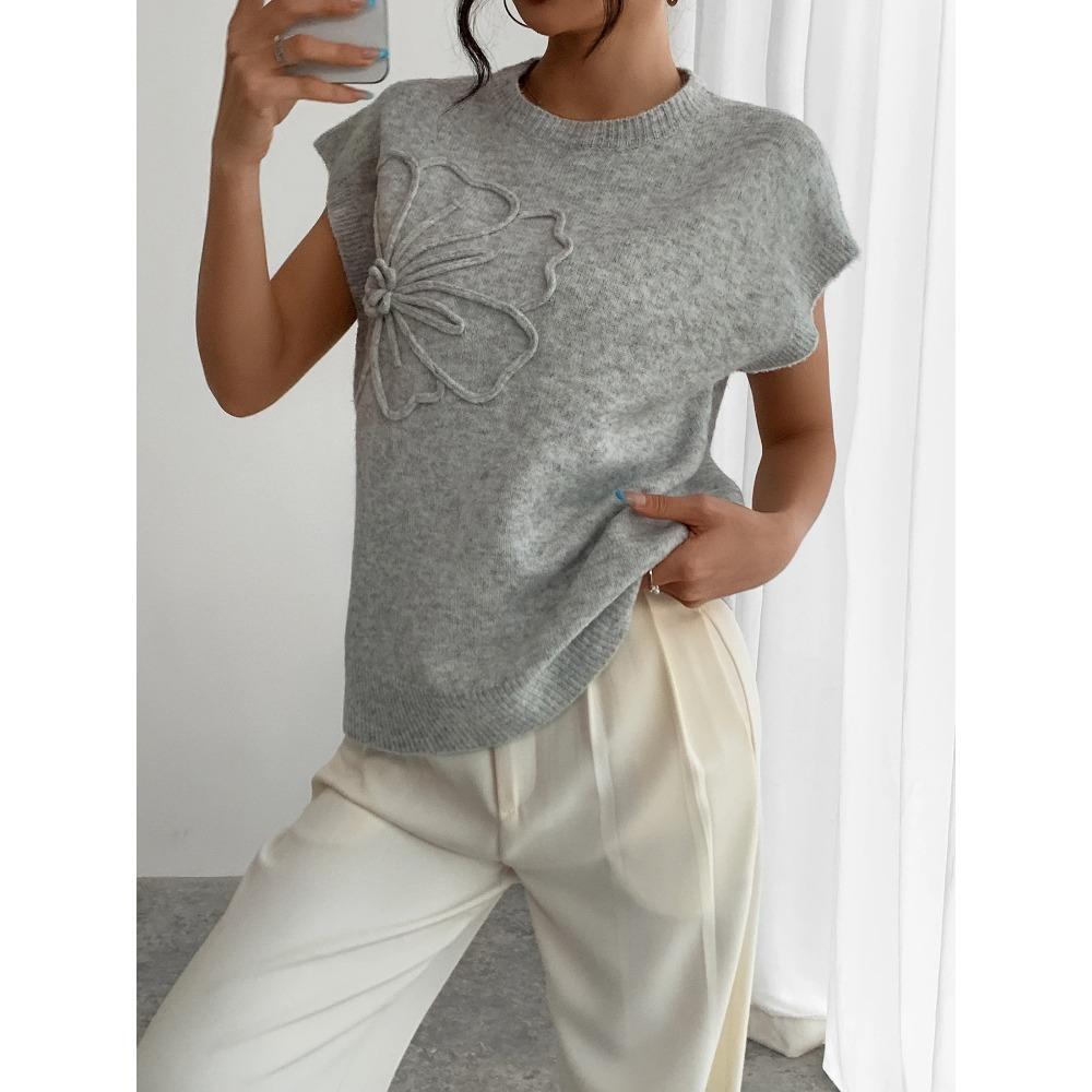Gilet pull tricoté à col rond avec motif floral 3D élégant pour vêtements pour femmes