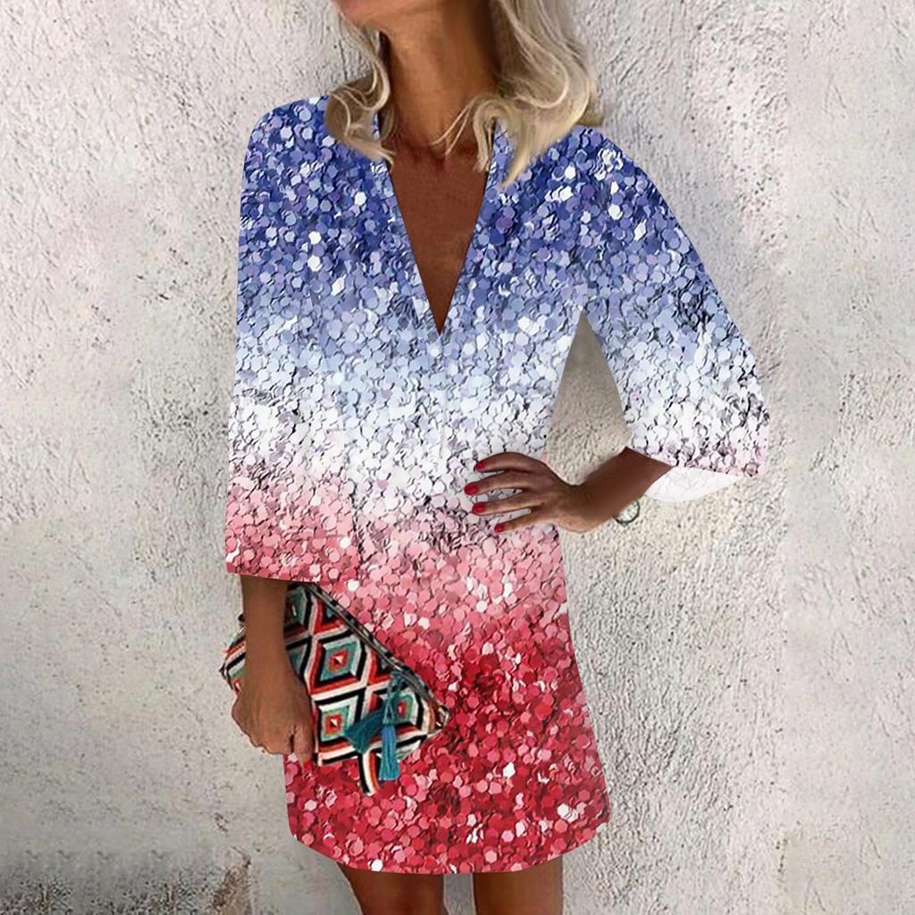 Dresses For Women Casual V Neck Casual Three Quarter Sleeve Dress Button Sundress