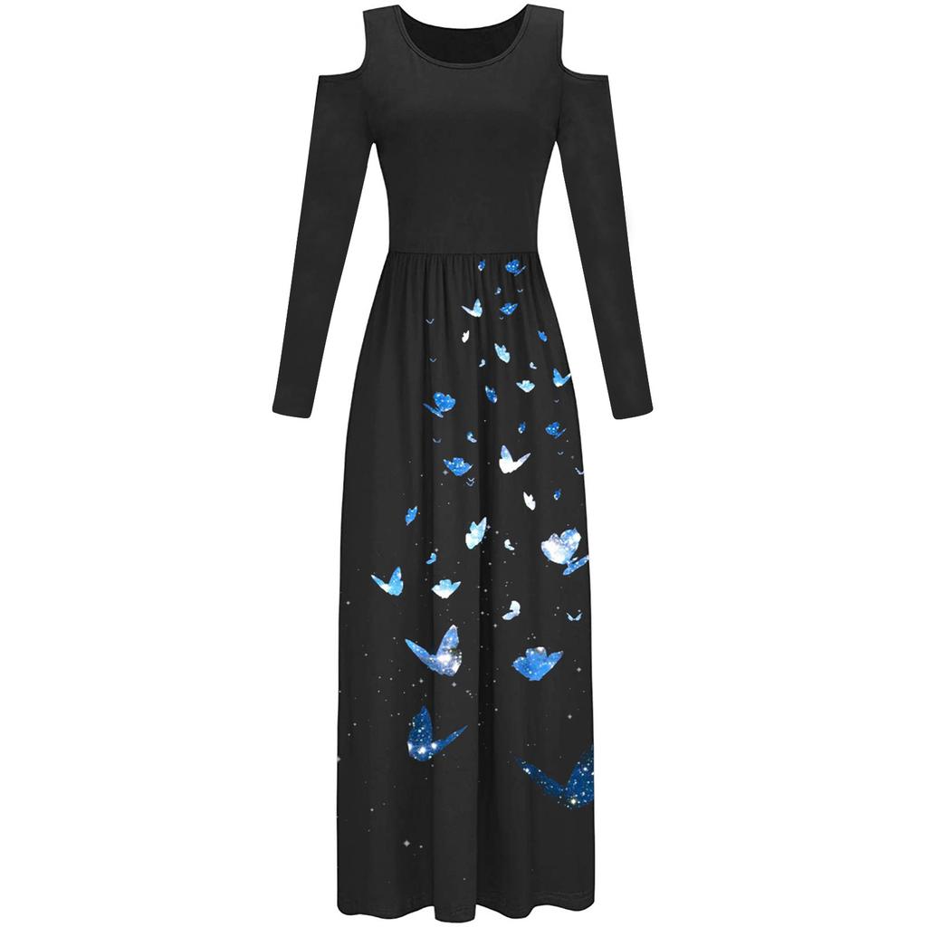 Womens Fashion Off Shoulder Print Long Sleeves Floor-Length Long Dress