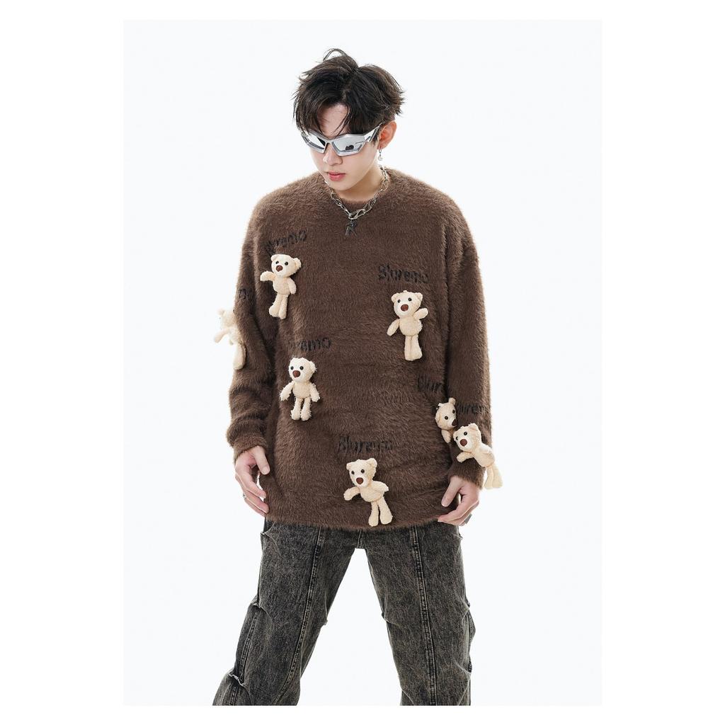 BLUREMO Herbst und Winter Neu Lustiger Cartoon Bär Puppe Gestrickter Pullover Buchstaben Jacquard Rundhals Lockerer Pullover