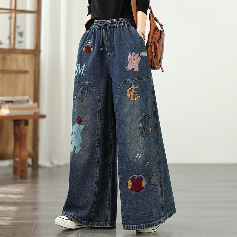 DIMANAF 2025 Plus Size Autumn Jeans Women Long Pants Embroidery Loose Denim Trousers Big Size Casual