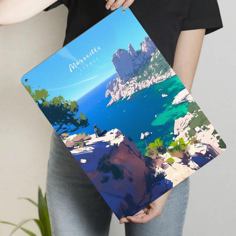 

Marseille Coastal Landscape Metal Wall Art Modern Home Decor for Living Room Bedroom 20x30cm（7.8x11.8inch）