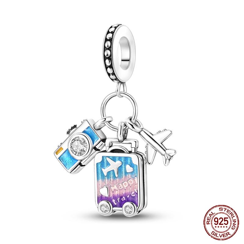 925 Silver Pink Heart Wings Skating Shoe Aircraft Camera Charms Beads Pendant Fit Qikaola 925 Original Bracelet Jewelry
