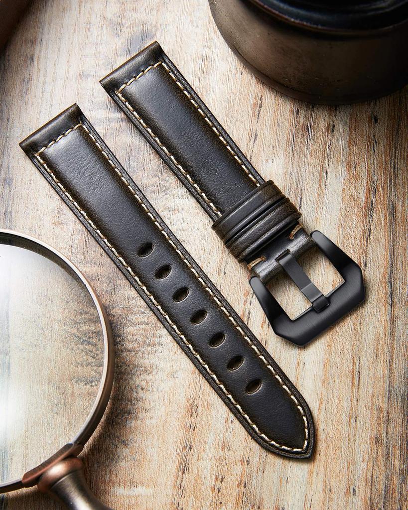 BINLUN Leather Watch Band, Oil Waxed Calf Leather Strap, Retro Classic Style Replacement Band, 5 Sizes (18-26mm), with Pin Buckle (Black, 26mm)