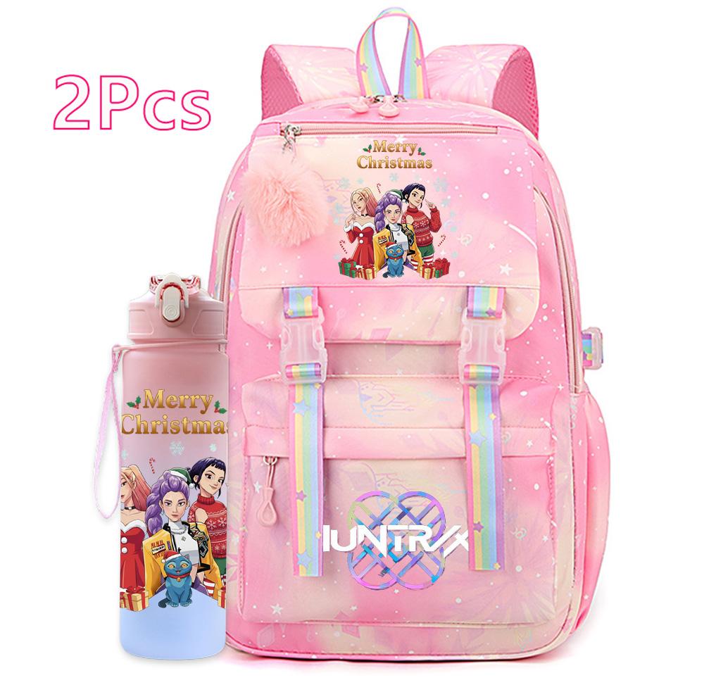 2Pcs/set Christmas K-pop Printed Backpack with 750Ml Water Bottler Large Capacity Travel Bag for Teenager Girl Boy Waterproof Bookbag Kid Gift Rucksak