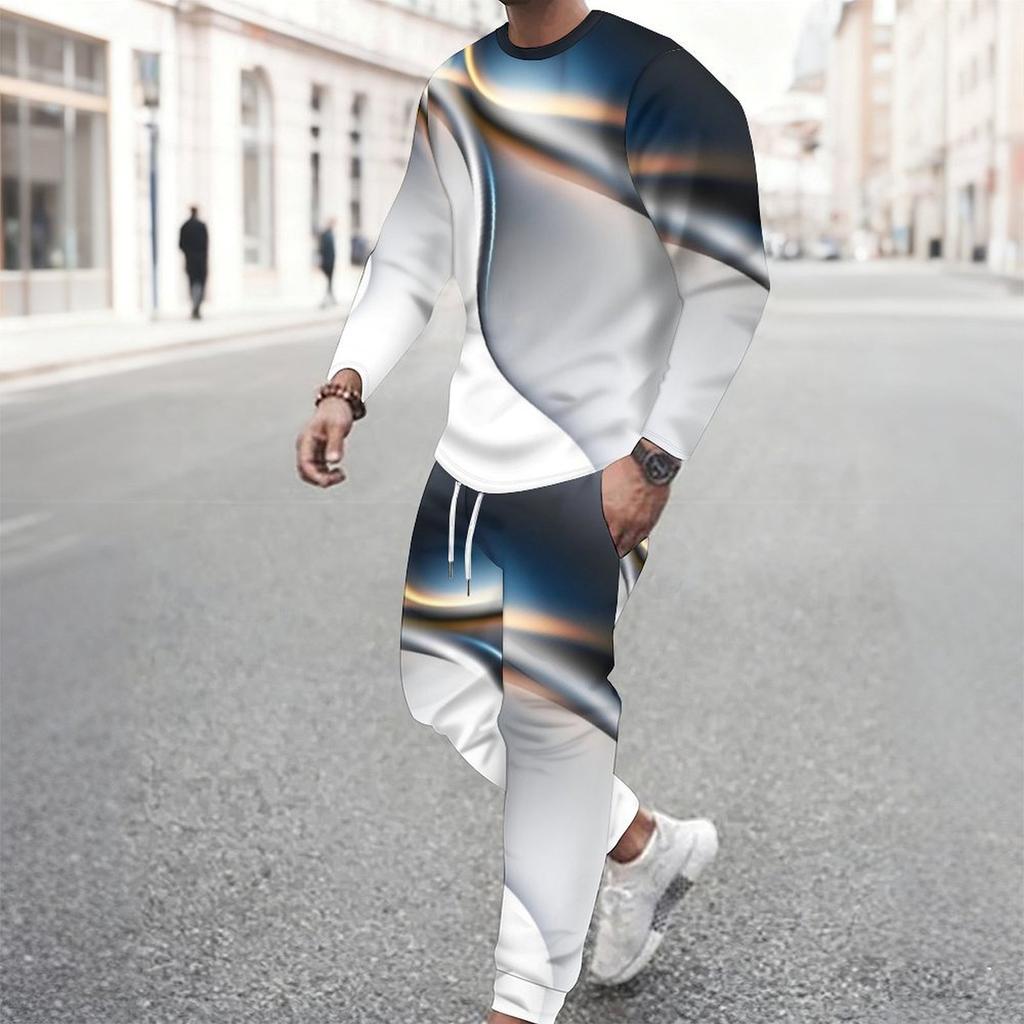 Men Cyan Base Gold Glitter Leopard Splicing Print Long Sleeve Sweatshirt Jogger Pants Two Piece Suit