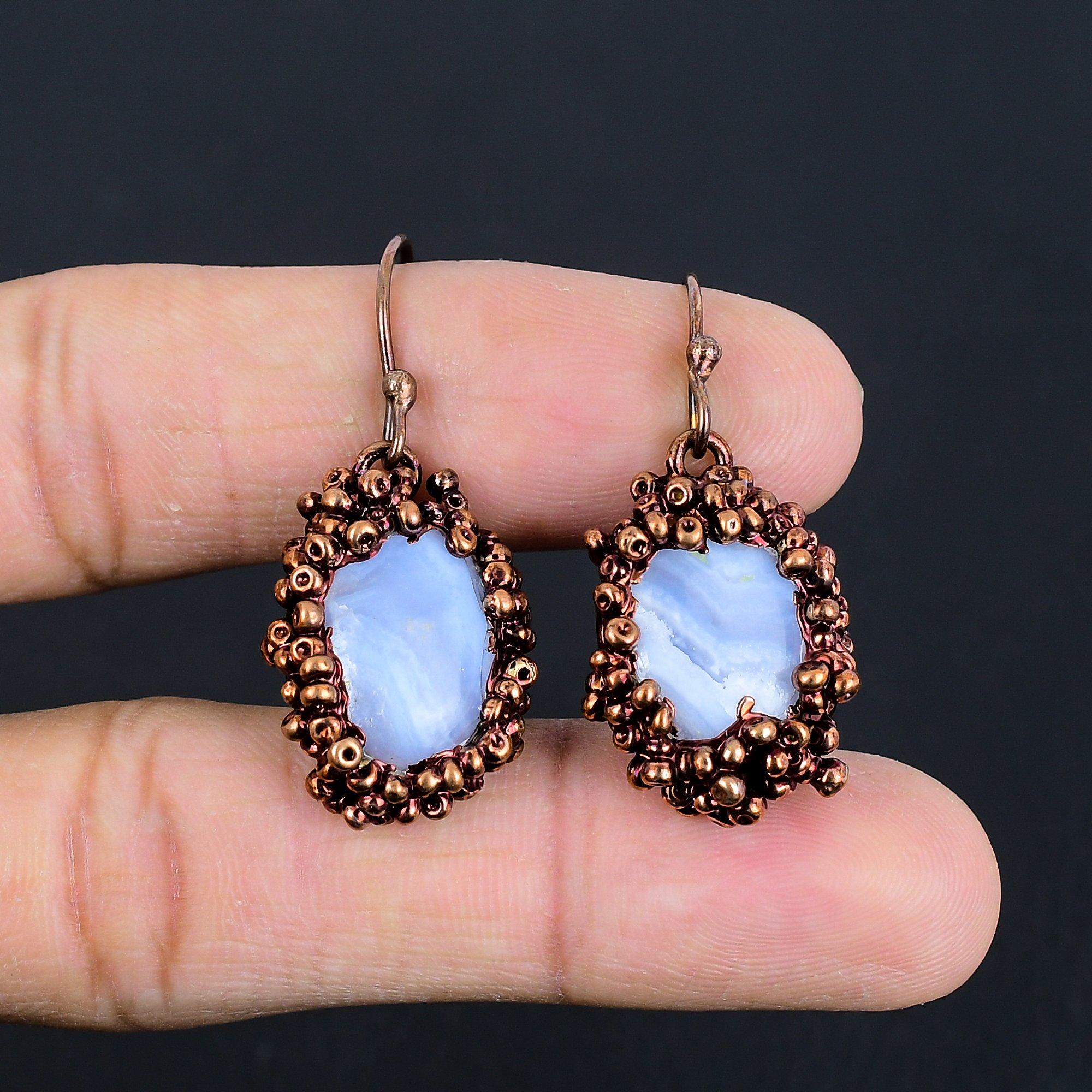 

Blue Lace Agate Handmade Gemstone Earrings, Copper Electroformed Earrings Antique Jewelry, Earrings For Engagement Gift 2.55 Inches