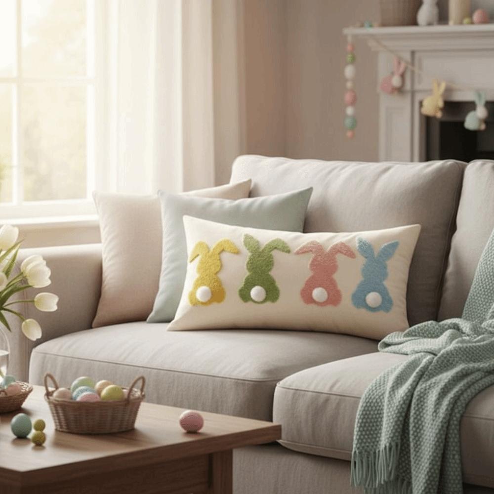 Embroidered Throw Pillow Cover Rectangular Waist Cushion Cover Easter Bunny Pillowcase  Sofa