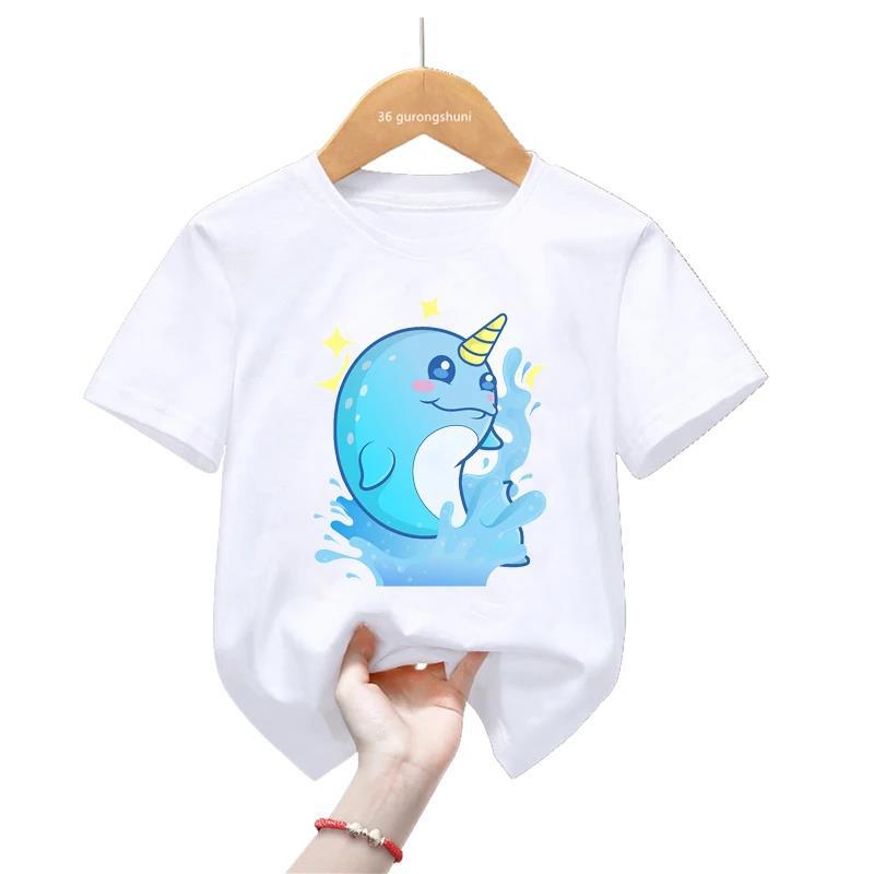 Summer Collection Watercolor Narwhal Print Tshirt for GirlsBoys Rainbow Kids Boys and Girl Clothes TOPS Fashion Modal Fabric