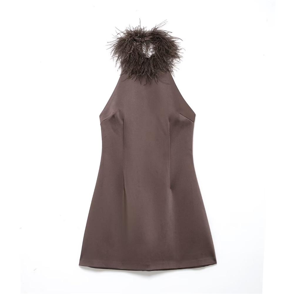 

Winter 2025 Women s Feather Pendant Halter Neck Dress Small