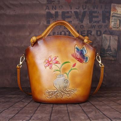 Vintage Embossing Shoulder Bags Women Genuine Leather Handbags for Ladies Fashion Crossbody Bag Purse Bucket Bags