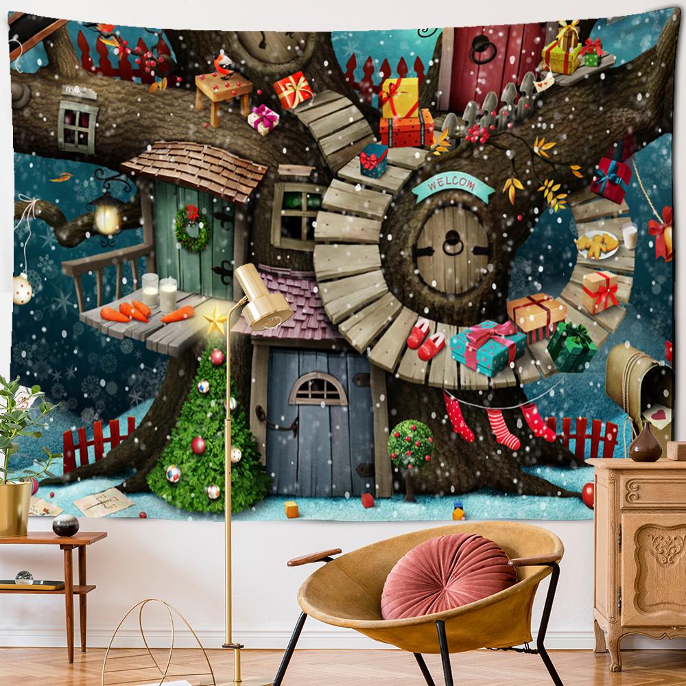 Christmas Cabin Tapestry Wall Hanging Bohemian Holiday Gifts Psychedelic Witchcraft Christmas Tree Living Room Home Decor