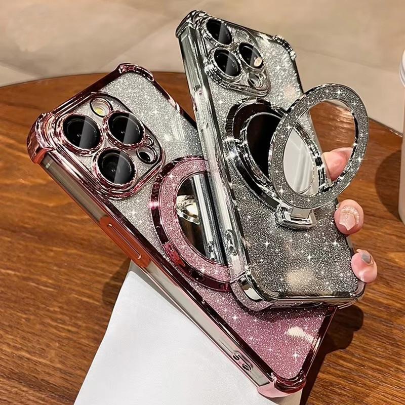 Pro iPhone 16 15 14 Pro Max Series Bling Třpytivý Zrcadlový Stojánek Plná Ochrana Objektivu Pouzdro na Telefon