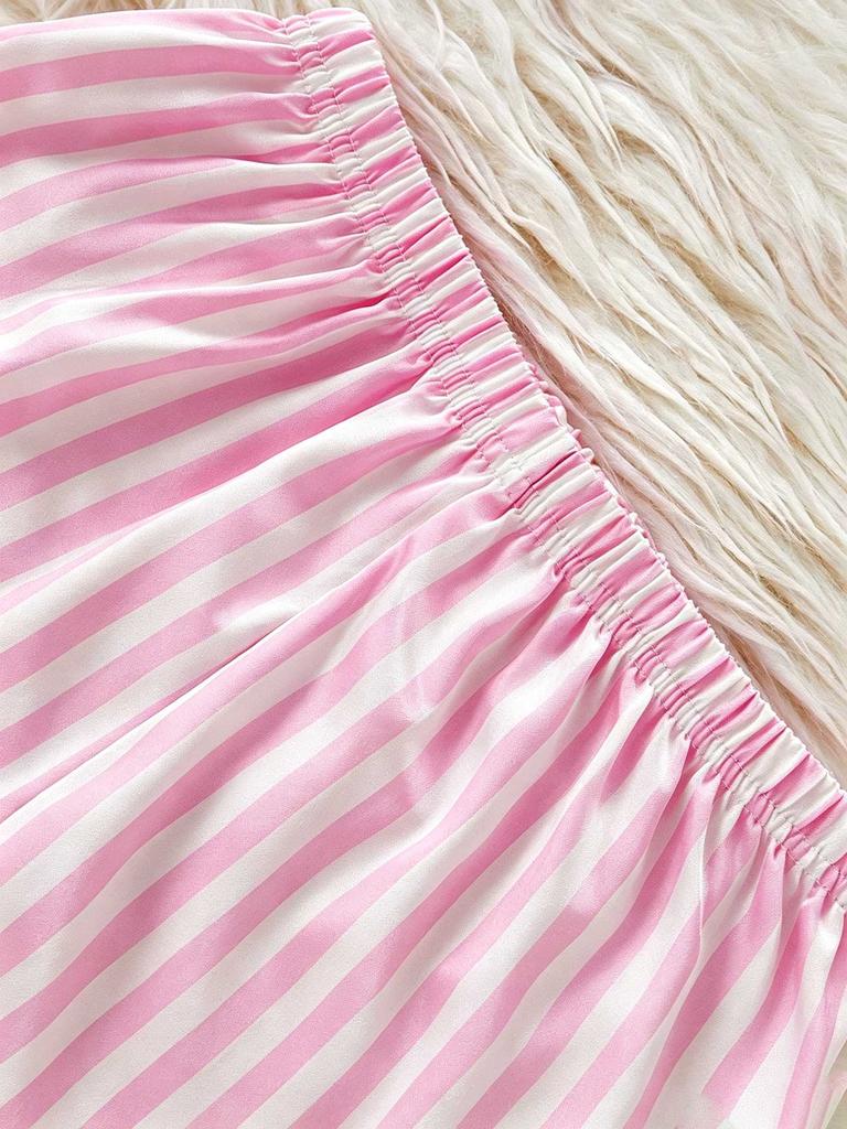 Girls Pink Striped Pajama Set, Short Sleeve Button-Down Sleepwear with Bow, Soft Loungewear for Kids 8-13 Years