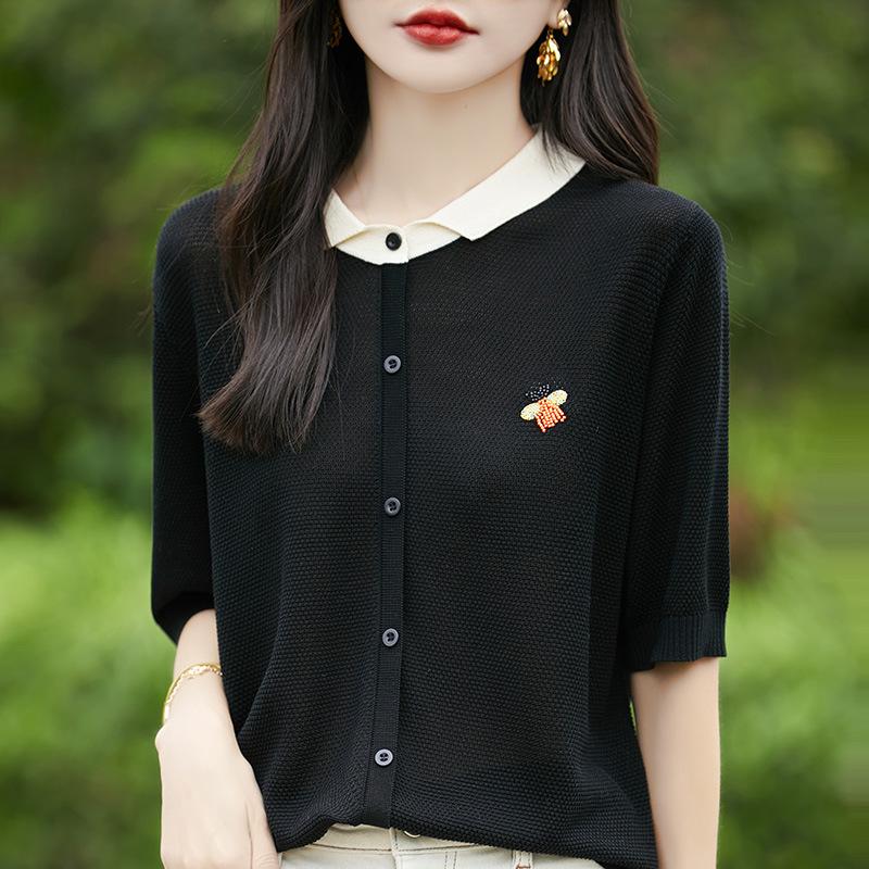 Tennis Doll Collar Short-sleeved Fashionable Versatile Knitted Base Shirt for Women High-end Minimalist Style High-end Embroidered Half-sleeved Top