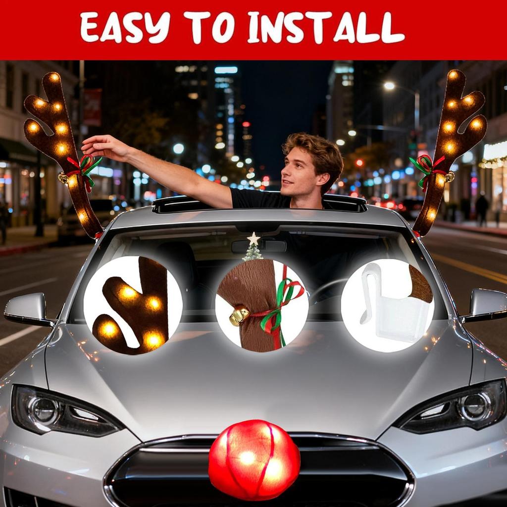 Car Antlers For Christmas With Jingle Bells Cute LED Photo Props Nose Christmas Reindeer Decor For Travel Daily Special