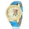 Women's Floral Leather Belt Quartz Watch with Diamond Accents