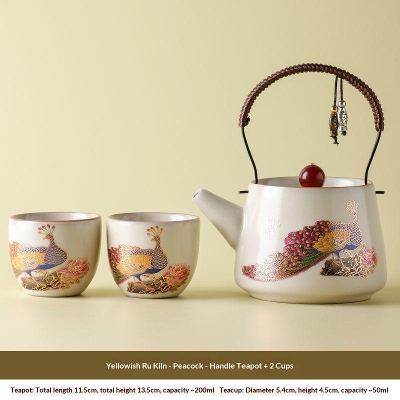 

Beige Ru Kiln Peacock Pattern Teapot Light Yellow 1 Pot 2 Cups Gongfu Tea Set Single Serving Home Use Cultivatable Crackle Glaze