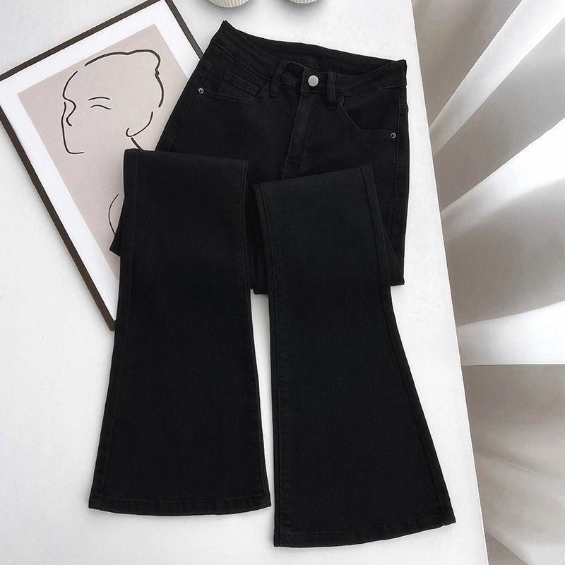 Women s Black Velvet High-Waist Micro Flare Jeans - Winter Elastic Slim Fit, Floor-Length Trumpet Style M