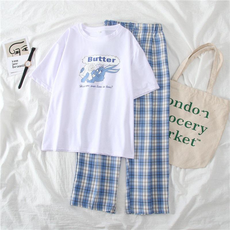 

Женский свободный домашний костюм с короткими рукавами, женский повседневный летний свободный костюм из двух предметов с широкими штанинами