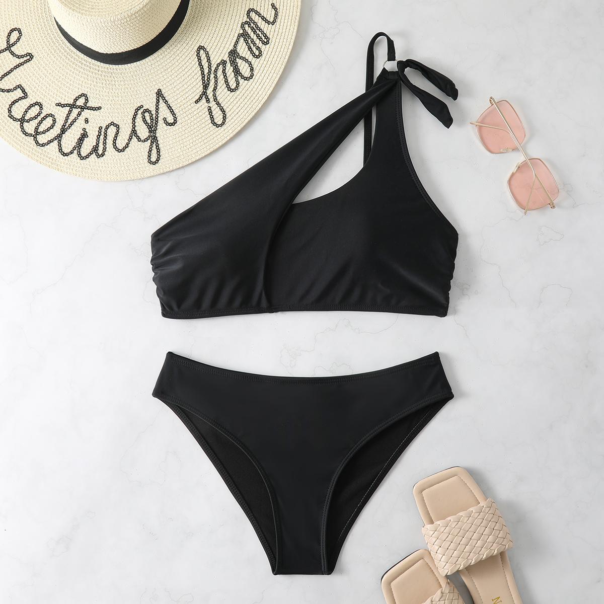 

Купальник бікіні. Жіночий купальний костюм. Однотонні чорні одноплечі. Комплект бікіні з високою талією. Жіночий купальний костюм. M