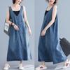 Women's V Neck Sleeveless Midi Dress Loose Fit Elastic Waist Casual Denim Pinafore Dress