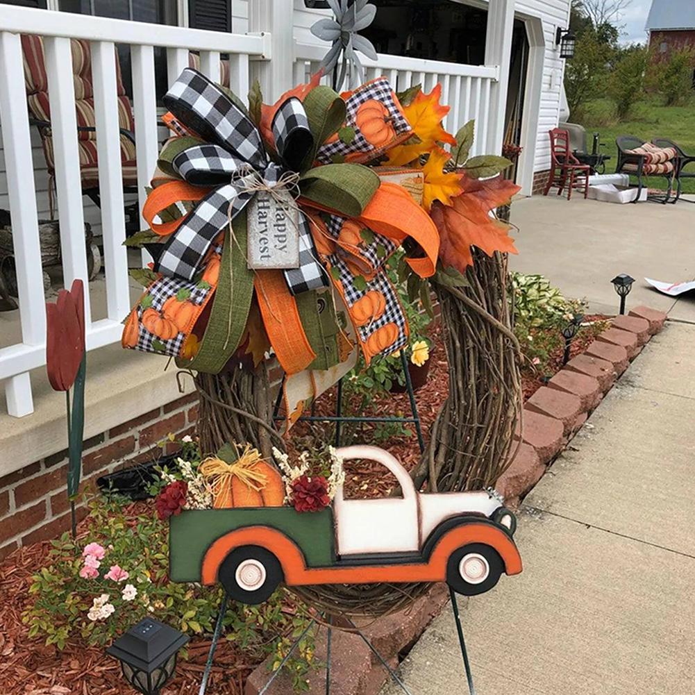 40CM Fall Pumpkin Cart Wreath Pendant Halloween Pumpkin Truck Garland for Front Door Windows Farmhouse Theme Festive Party Decor
