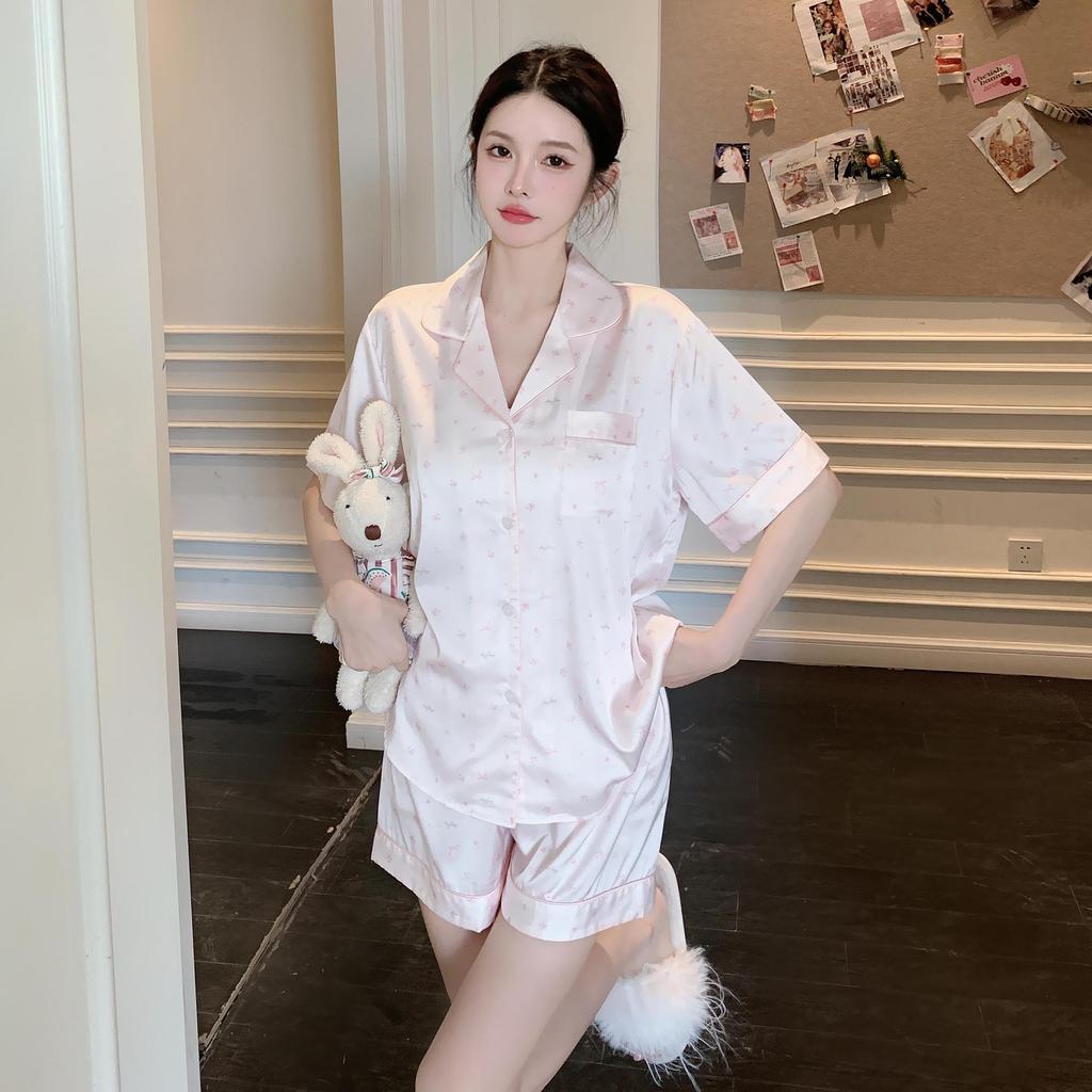 Short-sleeved shorts, summer loungewear set, simulated silk, cool pajamas can be worn outside, simple large-size ice silk pajamas