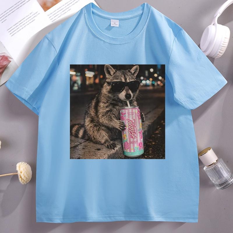 Raccoon Cotton Candy Drink Graphic Tee Fun Animal Lover T Shirt Vintage Raccoons Cotton Short Sleeve Round Neck Pritned Tshirt