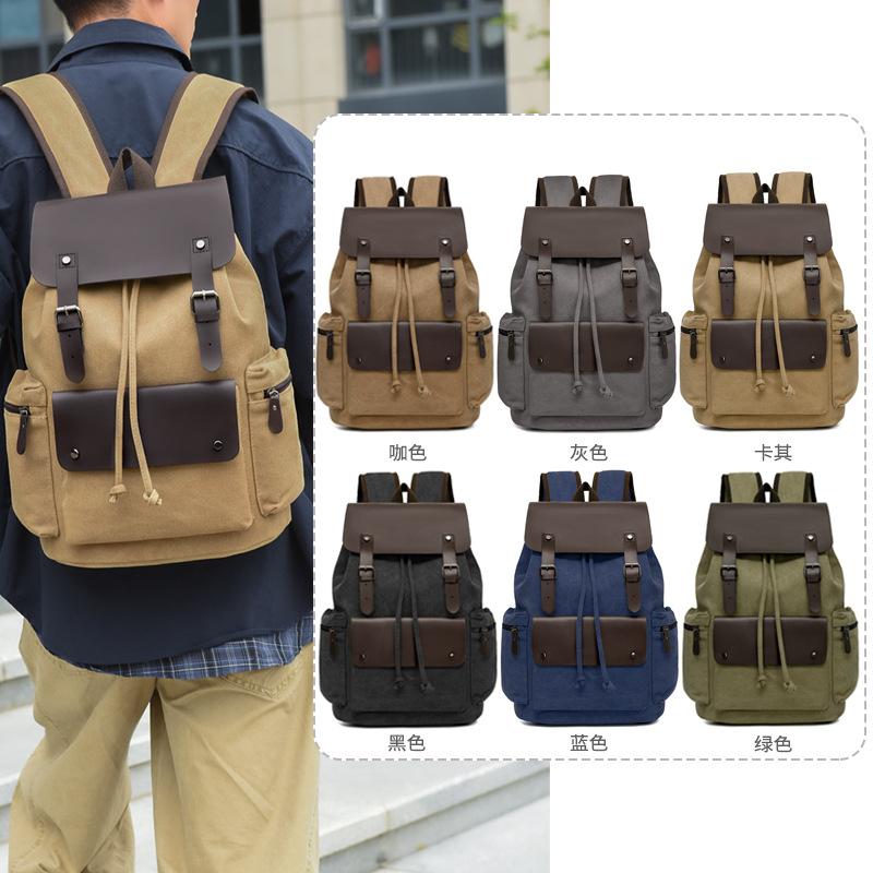 Vintage Canvas Backpack Men Large Capacity Drawstring Rucksack Casual Travel School Backpack Retro Daypack for College Students