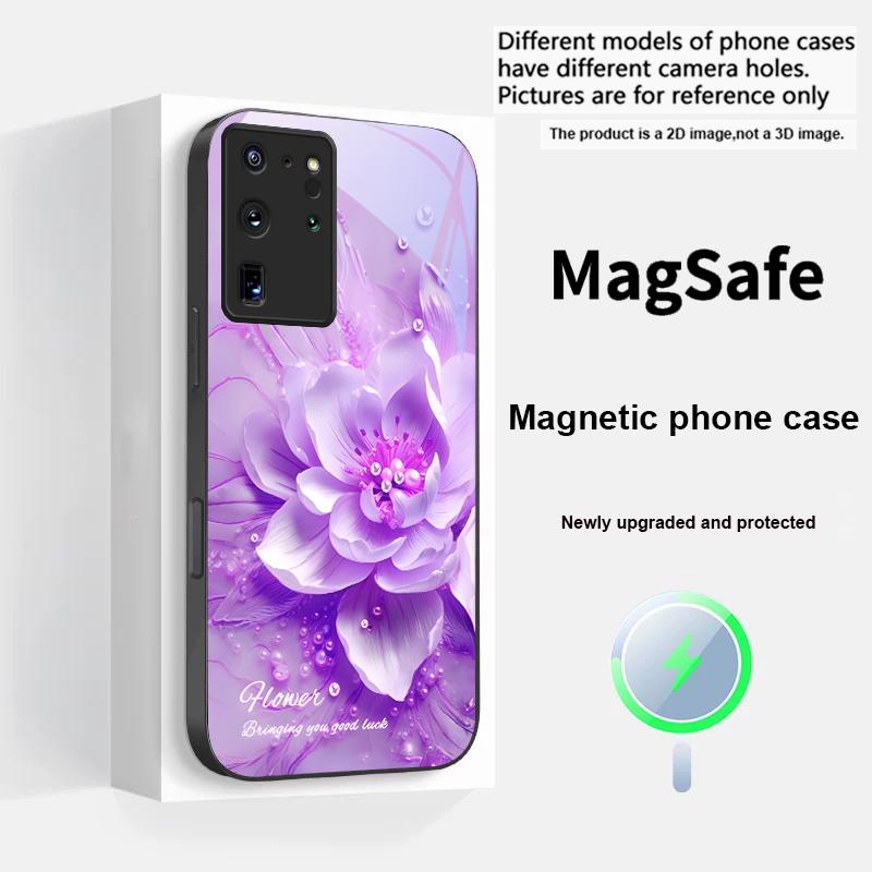 Flores azuis em flor Para Samsung S25 S25 Edge S25Ultra S8 9 10 20 S21 Pro 22 Plus S23 FE S24 Ultra Magsafe Capa de Vidro para Telefone
