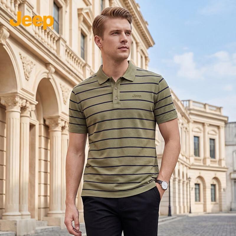 JEEP Men s Striped Embroidered Business Casual Polo Shirt M хаки