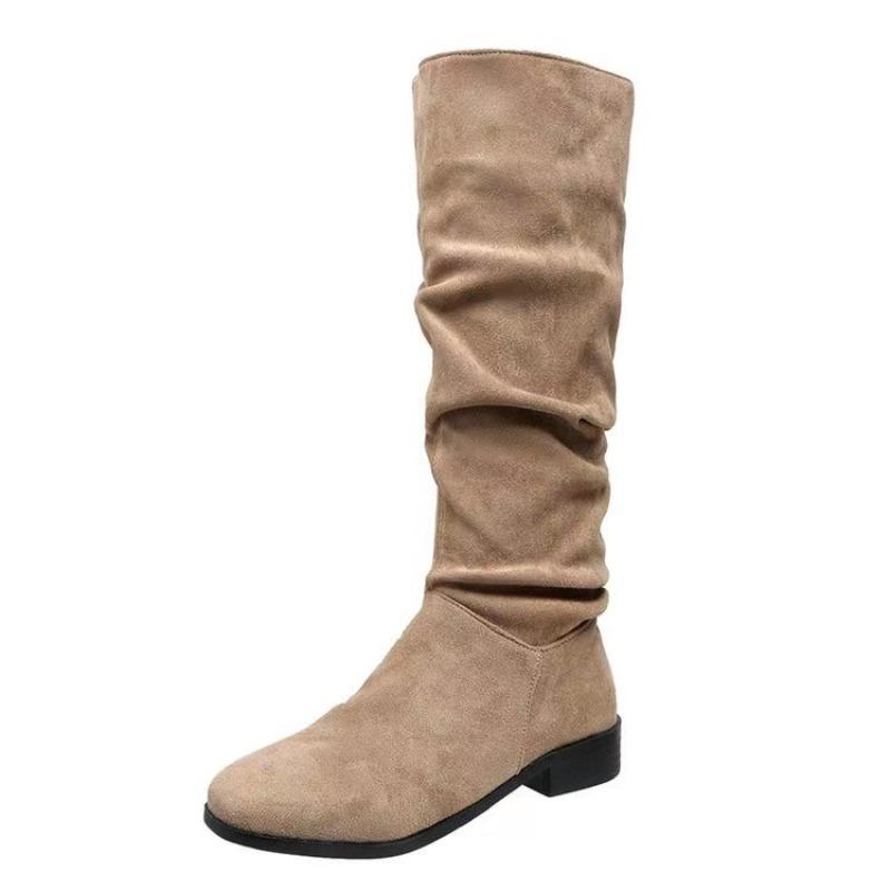 Bottes western à tige haute pour femmes, en daim à poils longs de grande taille européenne et américaine, bout rond, couleur unie, talon épais, semelle plate, bottes de mode