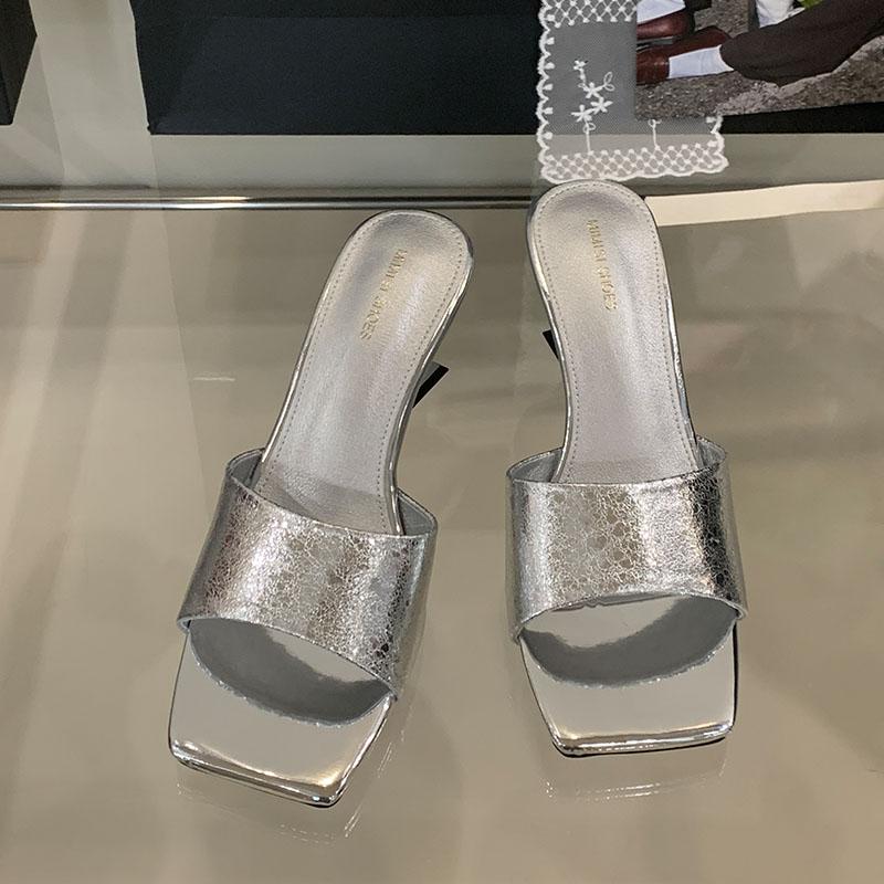 Mode Silber Schuhe Damen Keile Pantoletten Hausschuhe Schuhe Damen Sandalen Flach Mode Eckige Zehen Damen Keile Hausschuhe Schuhe