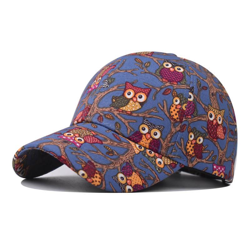 Cotton Owl Pattern Baseball Cap With Wide Brim For Outdoor Sun Protection синий