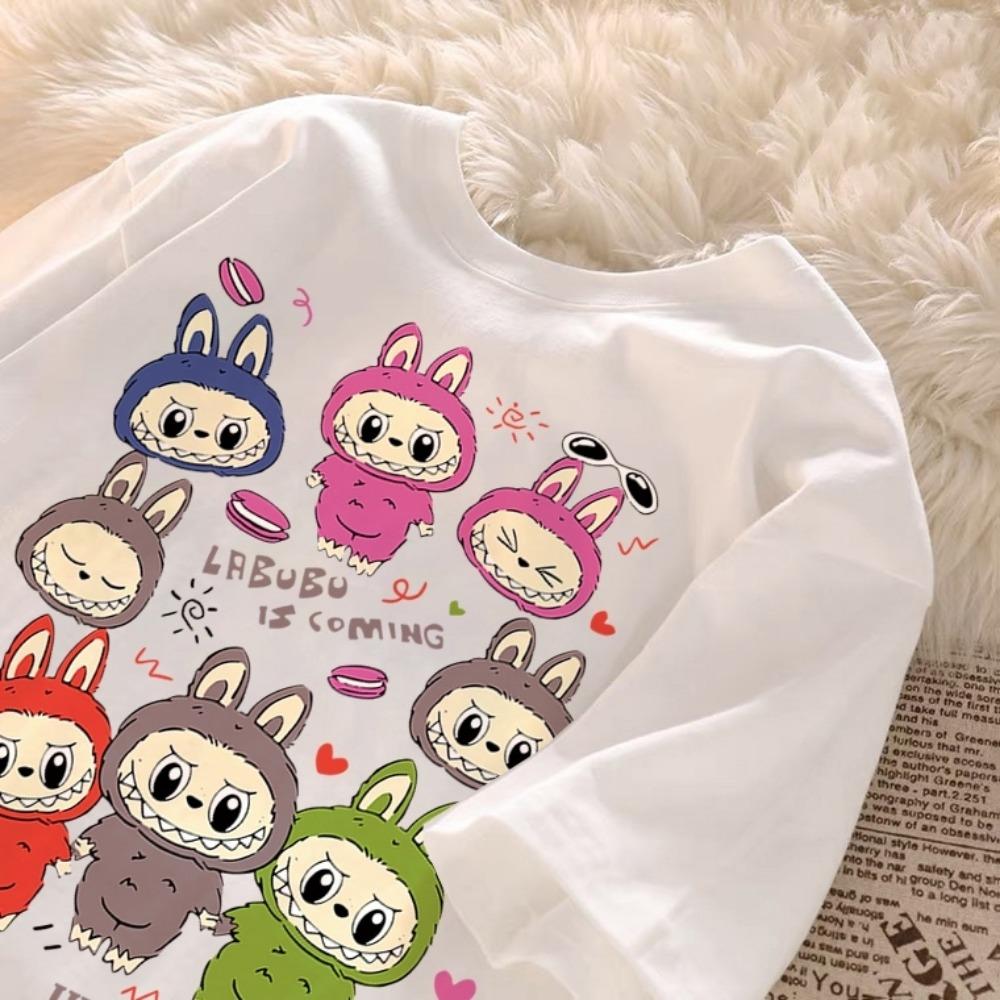 Children's LABUBU Printed T-shirt Korean Style Fashionable and Popular Girl Round Neck Short Sleeved Casual and Comfortable Top