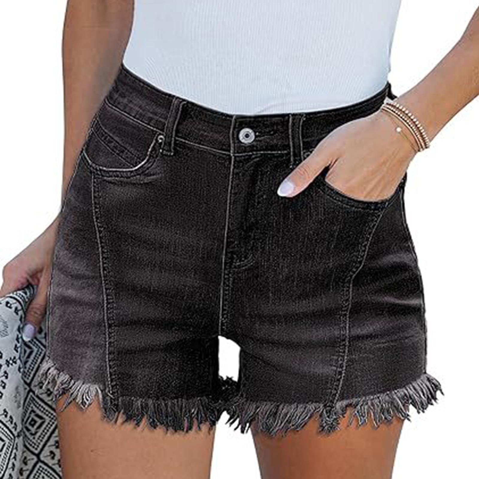 Women s Casual Denim Shorts with Washed Distressed Design Frayed Hem Stretch Fabric High Waist Classic Fit L