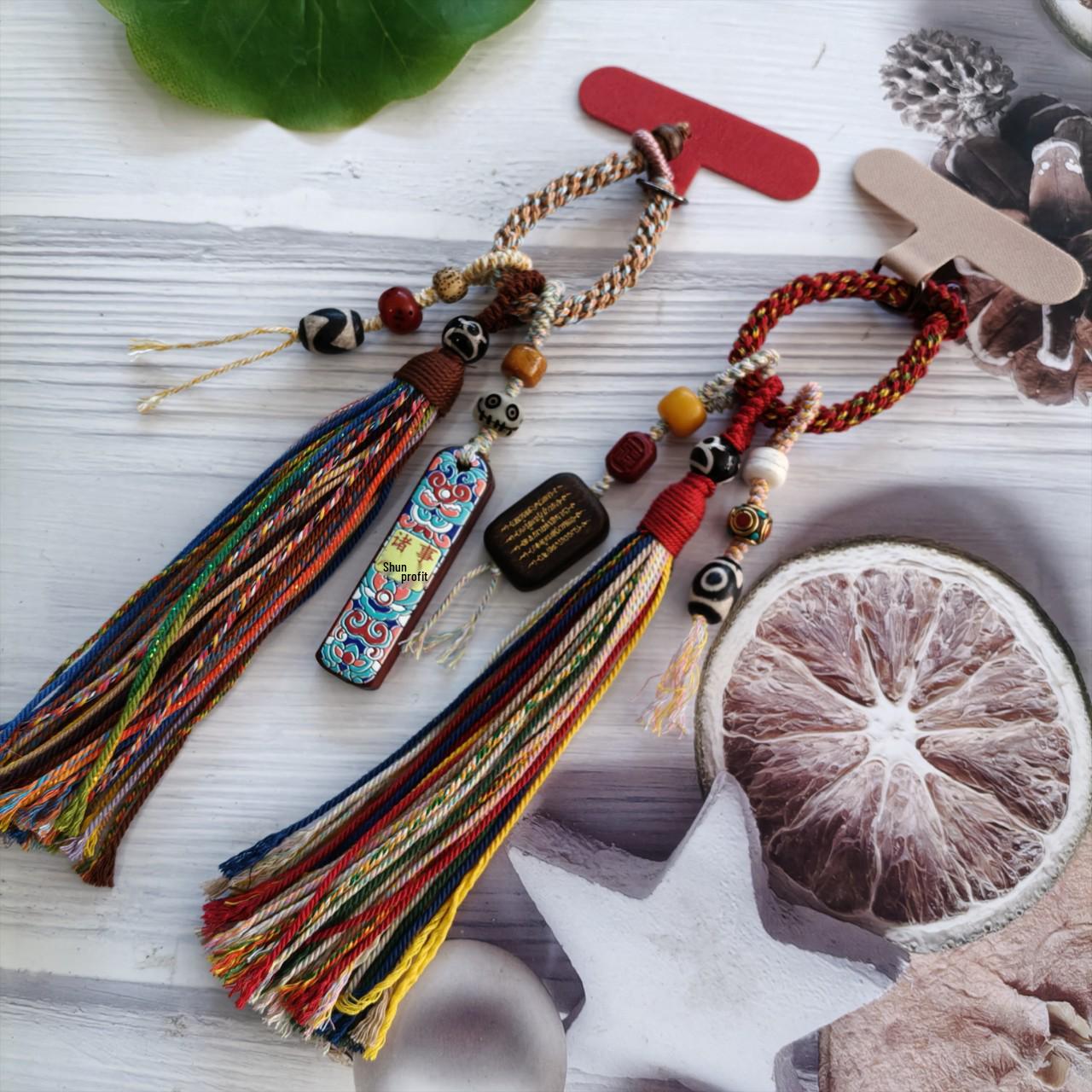 Handmade Sandalwood Wushi Pai Bag Charm & Phone Lanyard Keychain Pendant Model 363-1