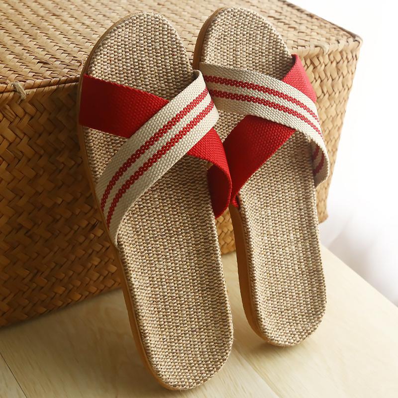 Crossed linen slippers women's summer home couple thick bottom non-slip indoor soft bottom home cool slippers men's summer