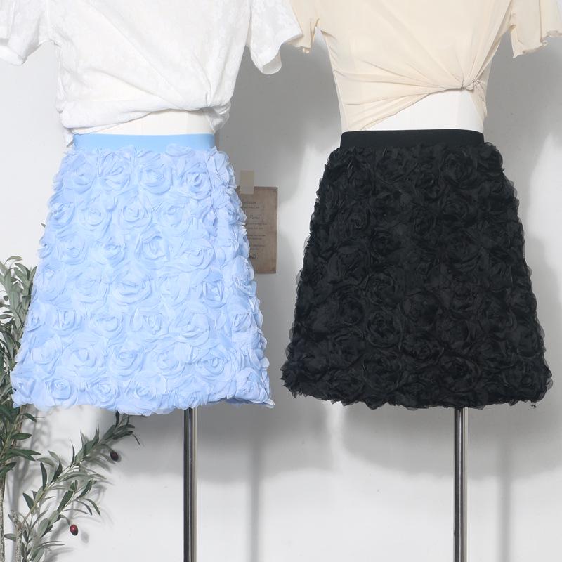 3D Rose Midi Tulle Skirt - Fluffy, Elastic High Waist, Slimming, Versatile A-line for Women