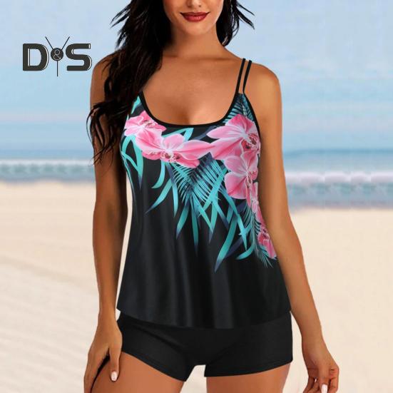 2-teiliges Tankini-Set mit abnehmbarem Brustpolster und verstellbaren Schultergurten, Oberteilen und elastischer Taille, bedrucktem Badehosen-Set, Strandmode