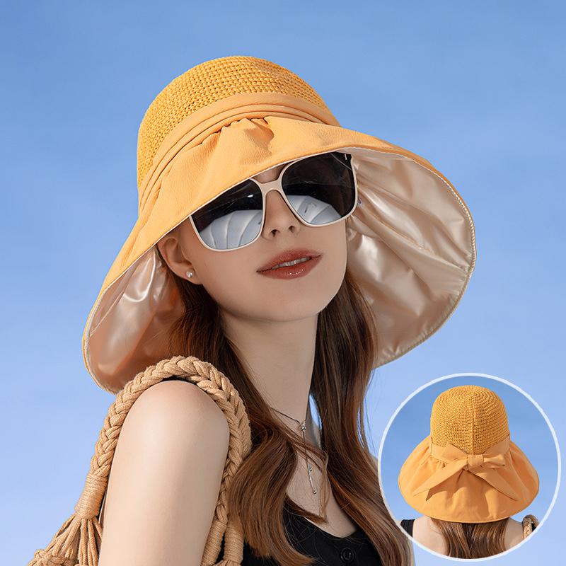 Luxury Summer Bucket Hat for Women Breathable Mesh Spliced 12cm Large Brim Sun Cap Candy Color Elegant Ladies Casual Bow Top Hat