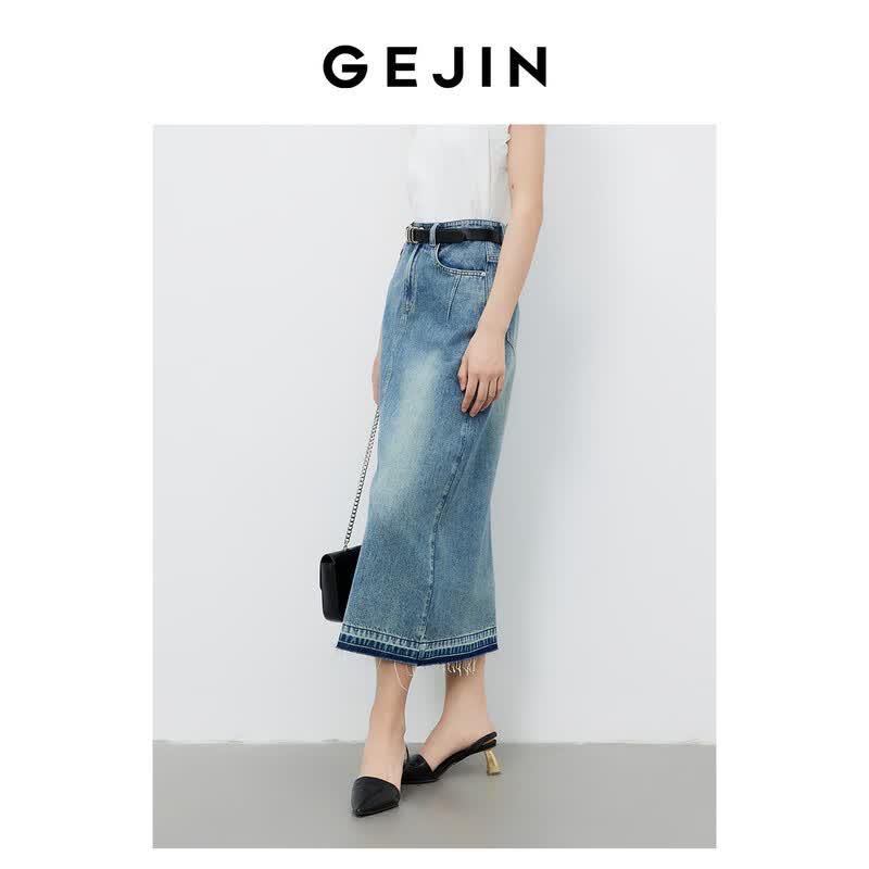 Gejin Women s A-Line Denim Midi Skirt with Front Slit S