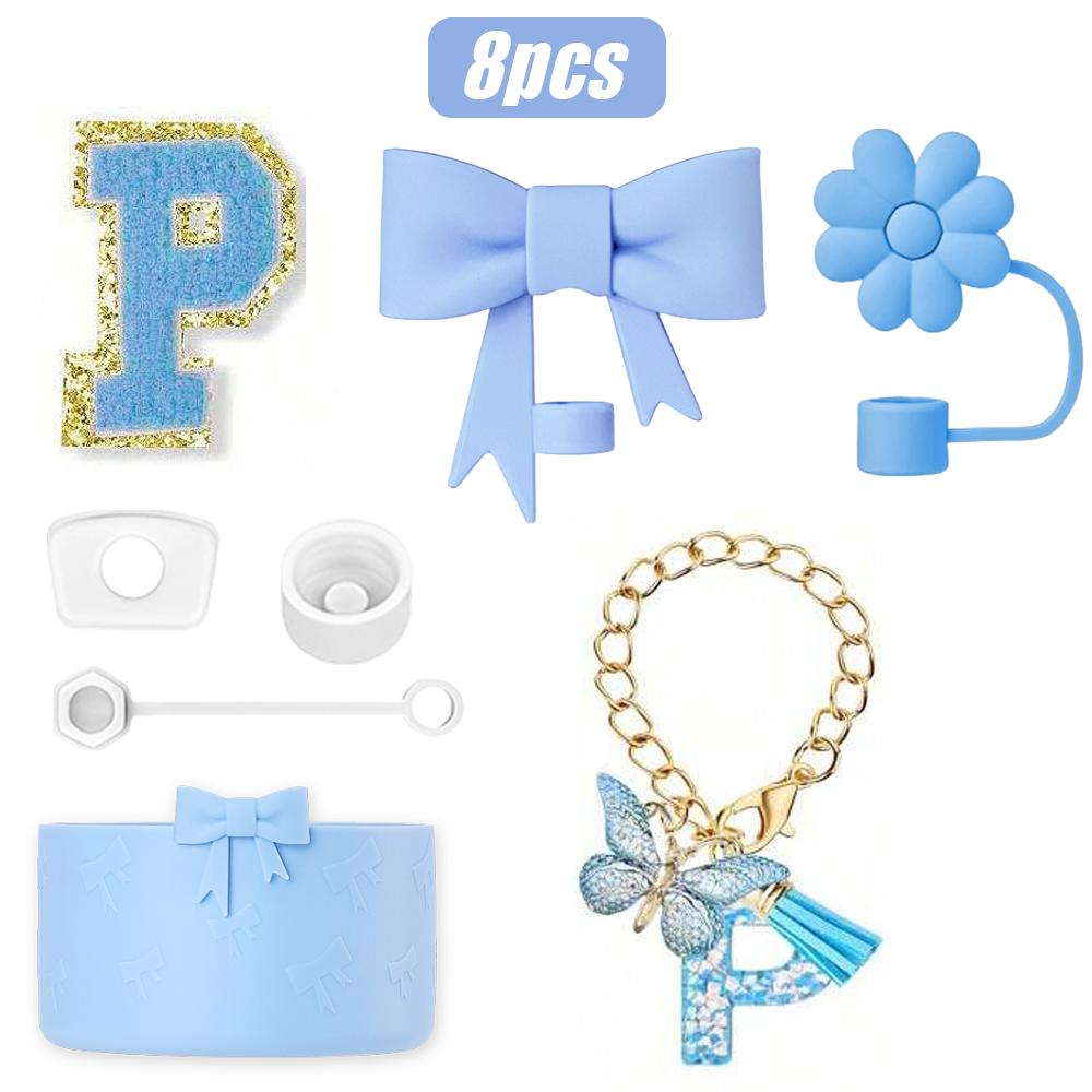 8-teiliges Tassenzubehör-Set für Stanley Cup 30oz 40oz, A-Z Initialen Dekorationen, inklusive Silikon-Strohhalmkappe, Aufkleber