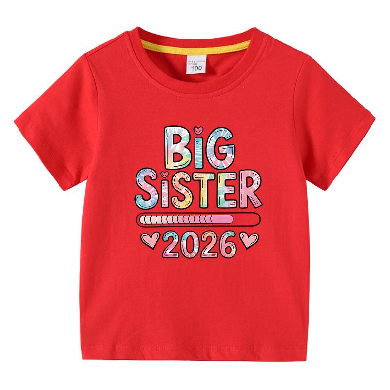 2026 New Girls Tshirt Big Sister Original Letter Printed Kids Summer Comfortable Pure Cotton Tees Childrens ONeck Tops