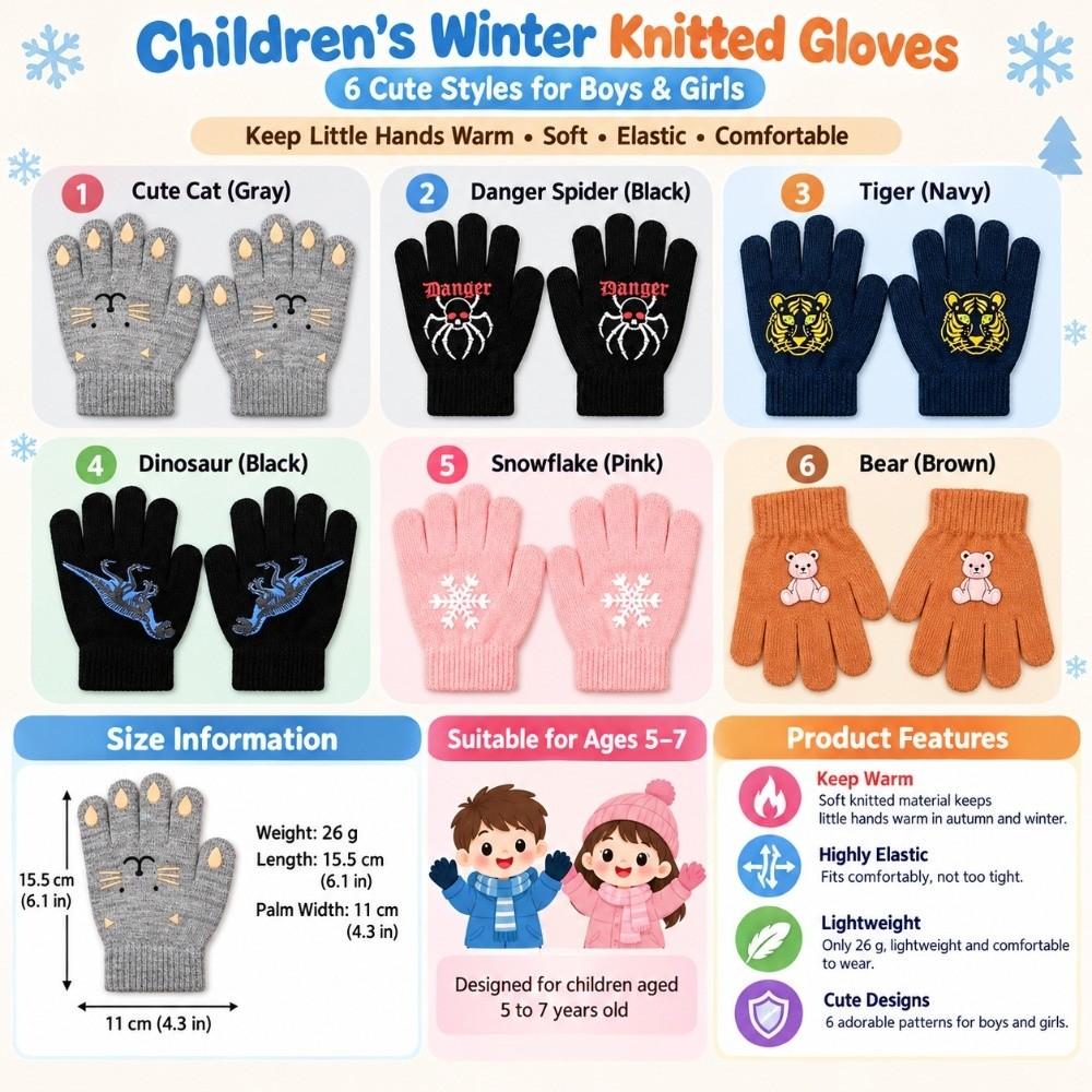 Thickened Kids Knitted Gloves Cartoon Print Thermal Gloves Children Winter Warm Gloves  Daily Wear